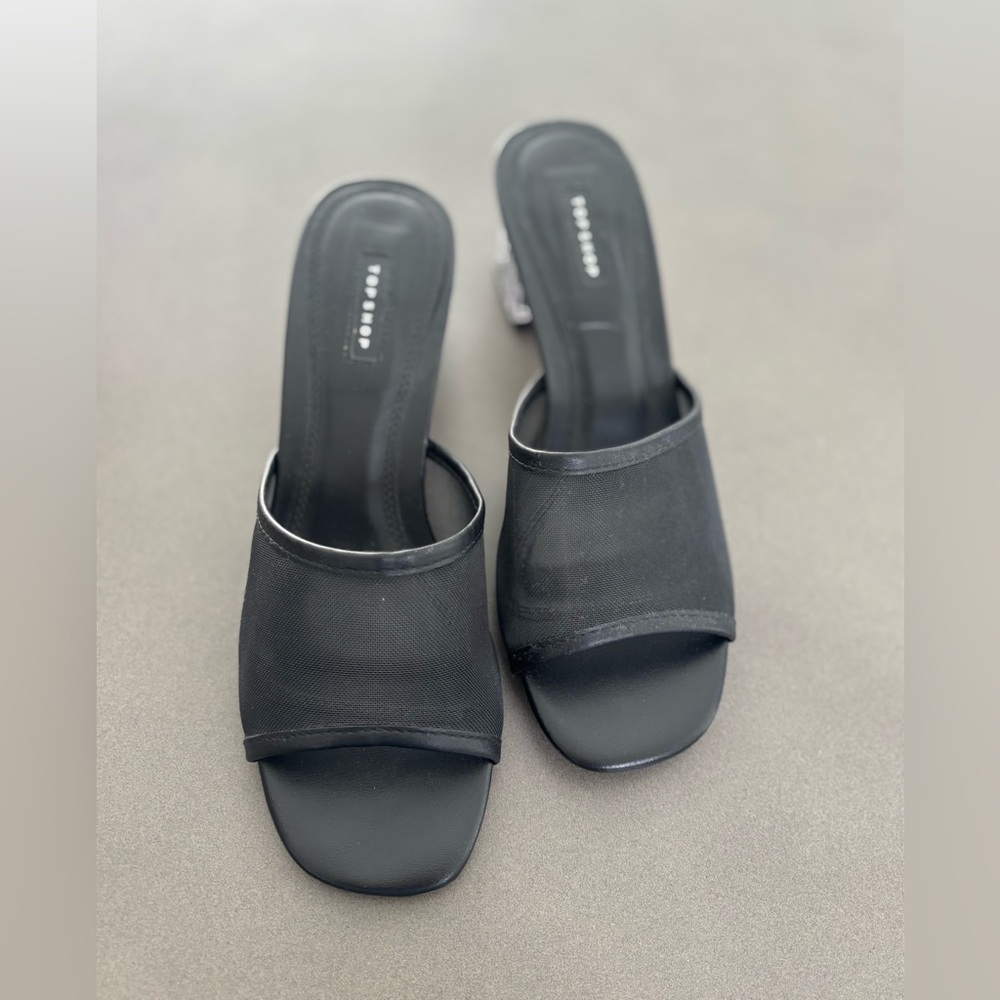 Topshop Black Mesh Mule Sandals Clear Block Heel EU 39